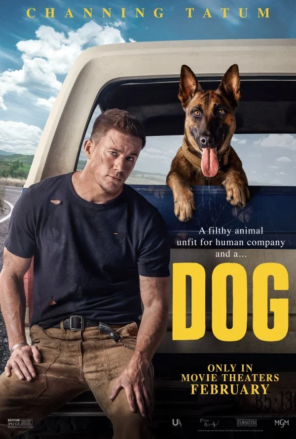 Movie poster for 'Dog' featuring a man with a rugged appearance and a tense expression, and a large dog with its tongue out, both leaning against the back of a vehicle on a rural road.