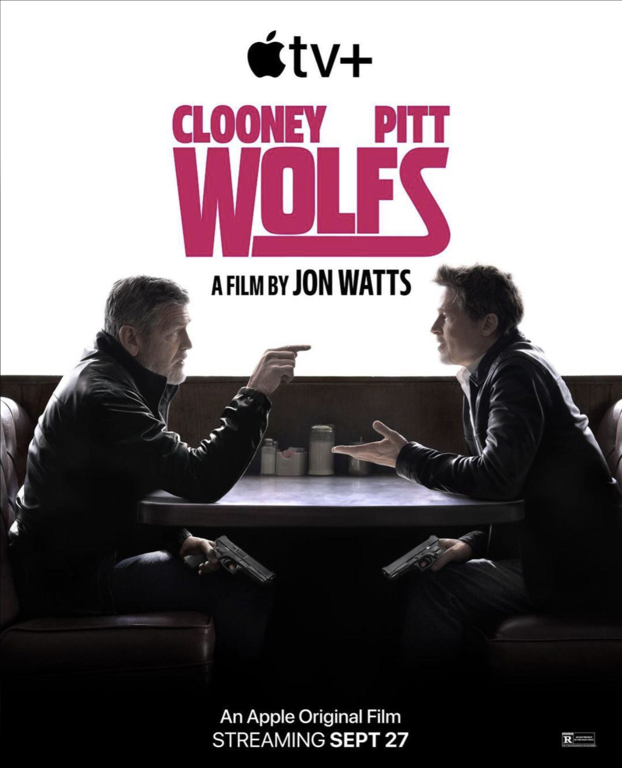 Poster for the Apple original film "Wolfpack" showing two men sitting in a diner booth, pointing guns at each other, with one man pointing a finger and the other with an open hand, both holding guns. The title "Wolfpack" is prominently displayed in p