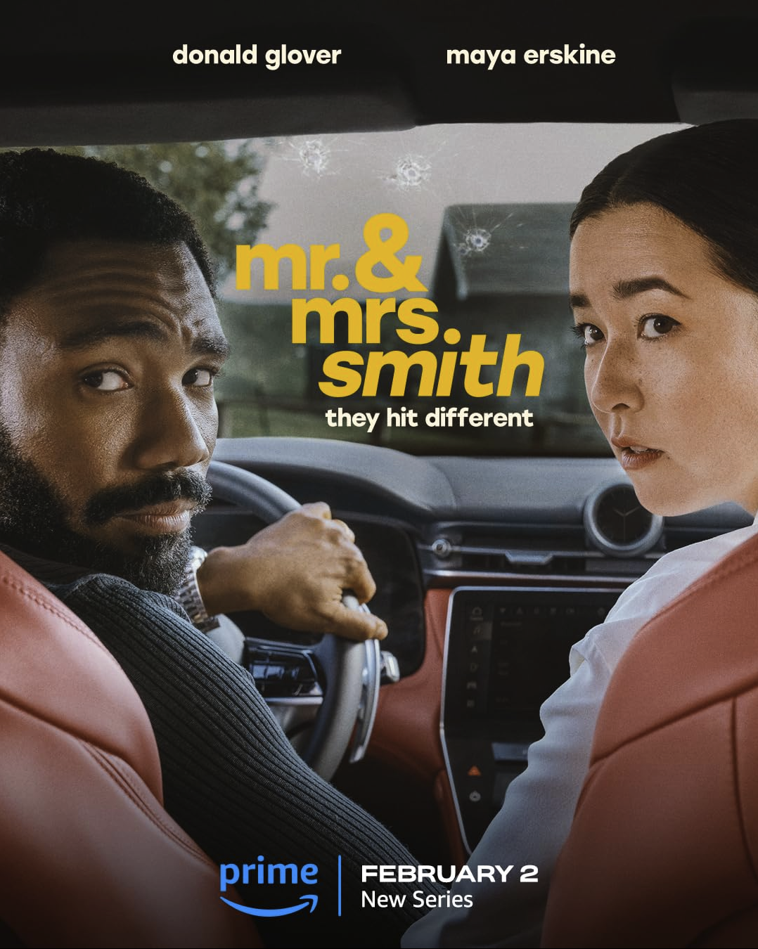 Promotional poster for the new series "Mr. & Mrs. Smith" featuring Donald Glover and Maya Erskine sitting inside a car, with the show title and release date February 2, displayed.