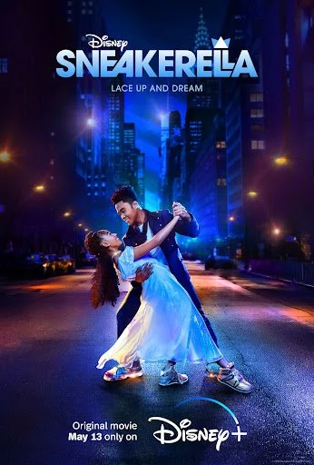 A poster for Disney's 'Sneakerella,' showing a young man and a young woman dancing on a city street at night, with tall buildings and bright lights in the background.