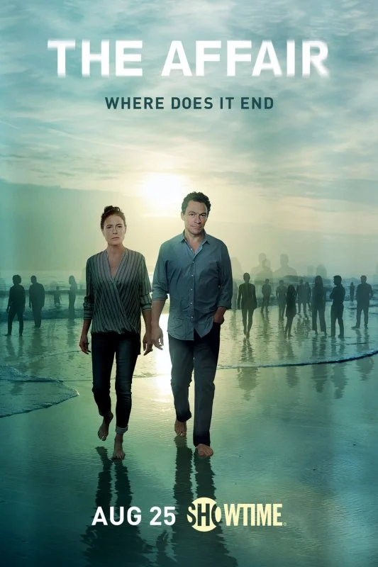 A promotional poster for the show 'The Affair' featuring a man and woman walking on a beach with many other people in the background. The sky is cloudy with the sun setting or rising.