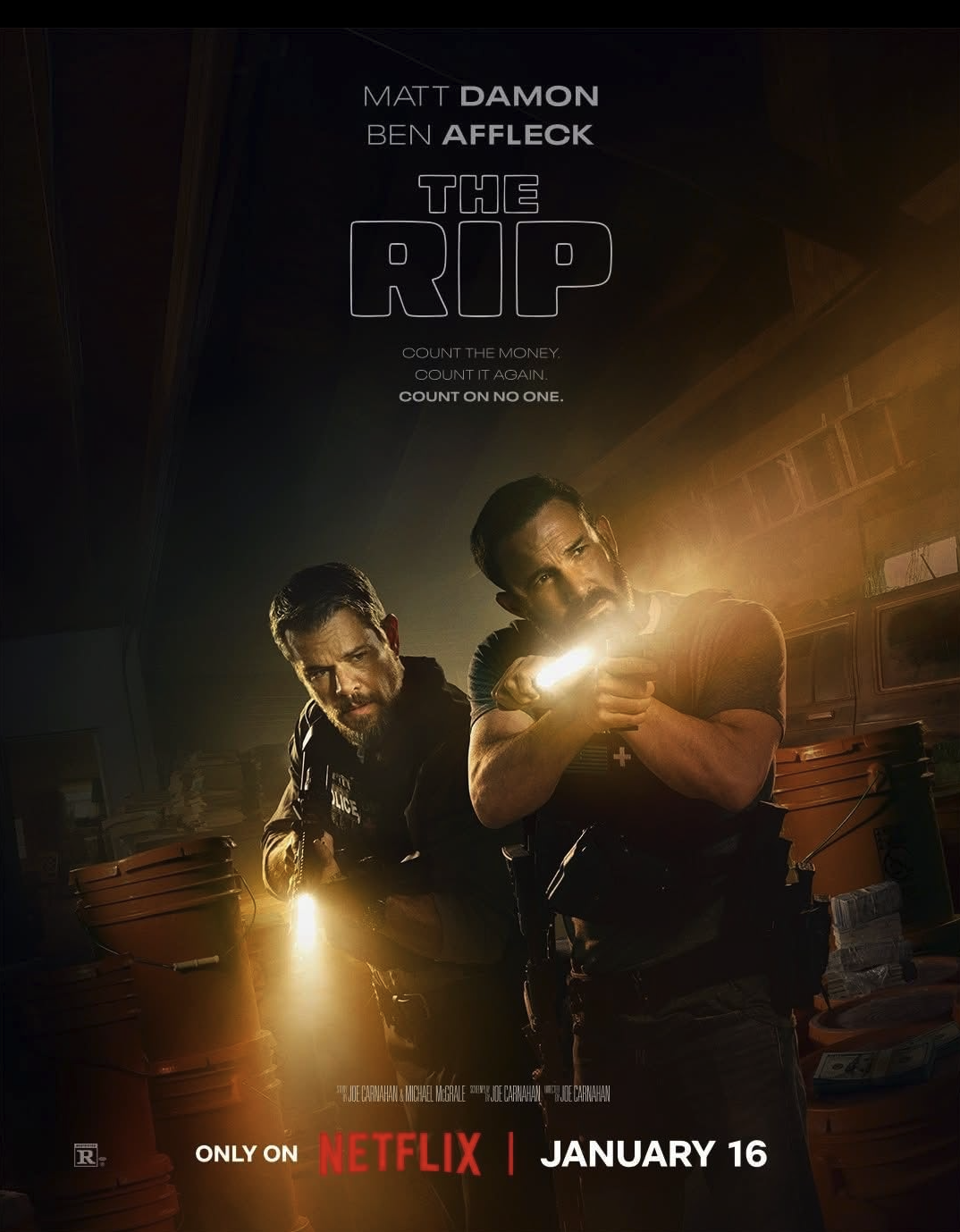 Poster for the movie "The Outpost" featuring two men armed with flashlights and guns. The title is at the top, with the tagline 'Count the money. Count it again. Count on no one.' The release date, January 16, and Netflix logo are at the bottom.