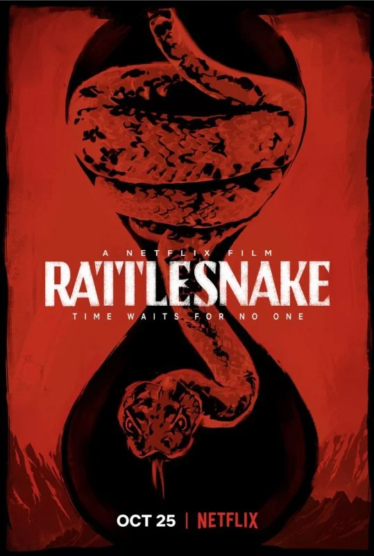 Poster for Netflix film 'Rattlesnake' featuring a rattlesnake twisting around a wine glass shape, with a tiger's face at the bottom, all in red and black colors.