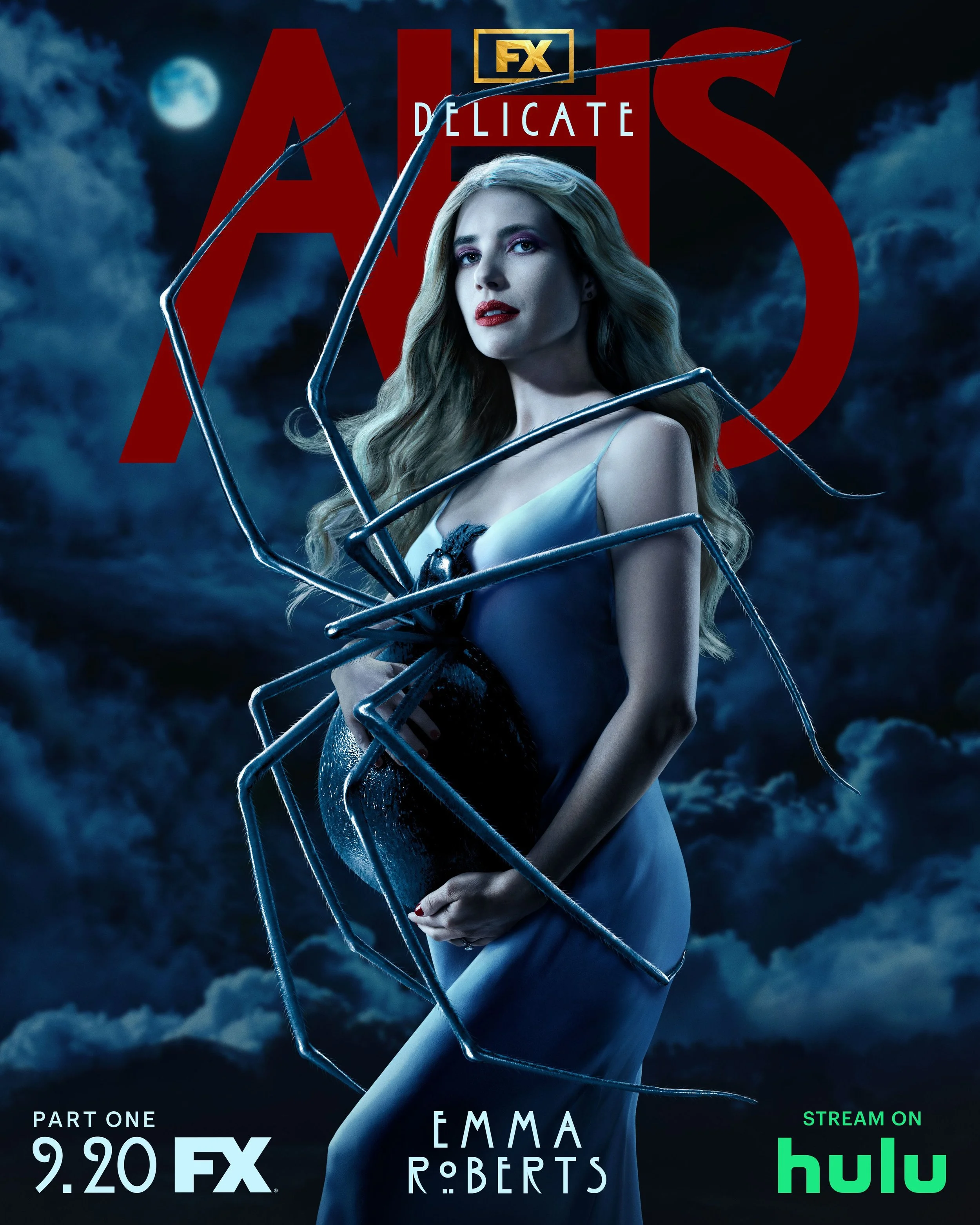 Poster for the TV series 'Delicate' featuring Emma Roberts. The poster shows Emma Roberts with long blonde hair, holding a large black spider on her midsection. The background is dark with stormy clouds and a full moon. The title 'AHS' is in large re