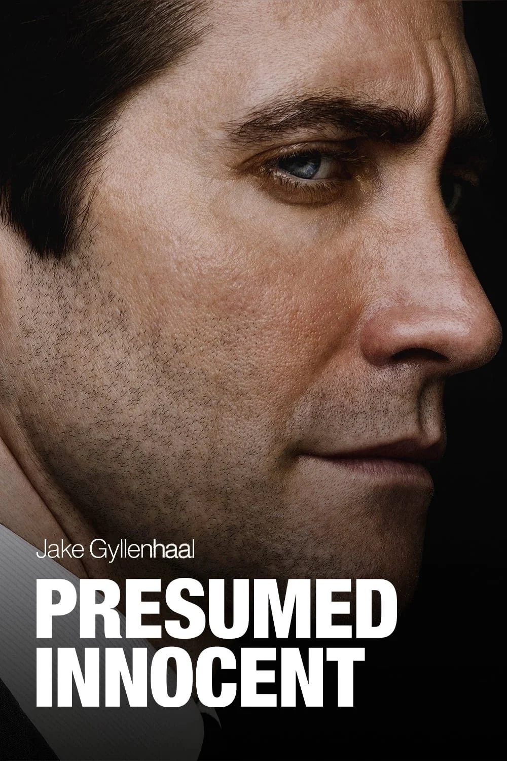 Close-up of a man's face with text 'Jake Gyllenhaal Presumed Innocent' on the bottom