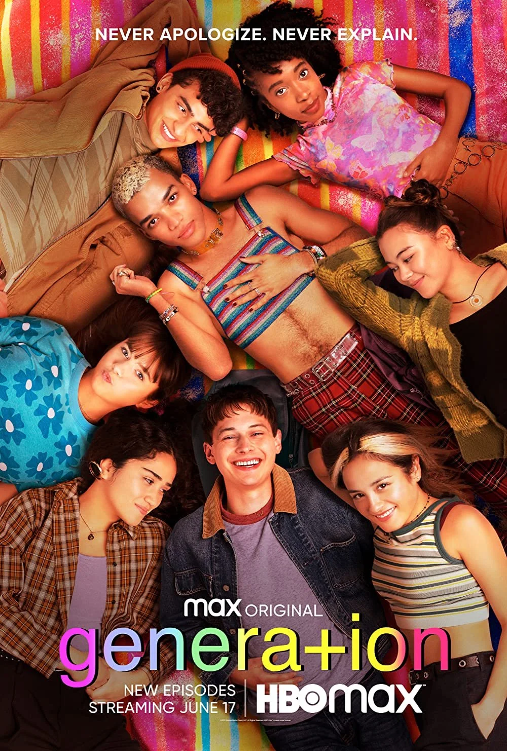 Poster for the Max original series "Generation" showing a diverse group of young people lying on a colorful blanket, smiling and relaxed.