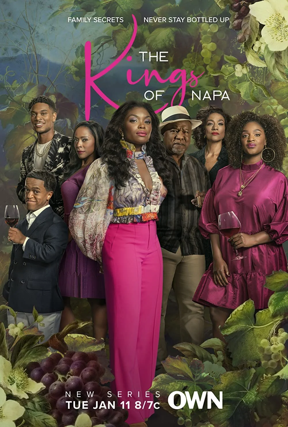 Promotional poster for the TV series 'The Kings of Napa' featuring seven diverse characters, some holding glasses of wine, standing in front of a background of grapevines and grapes. Text indicates the series premiere date as Tuesday, January 11 at 8