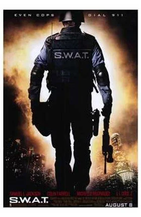 S.W.A.T. team member in tactical gear with city skyline and fire background.