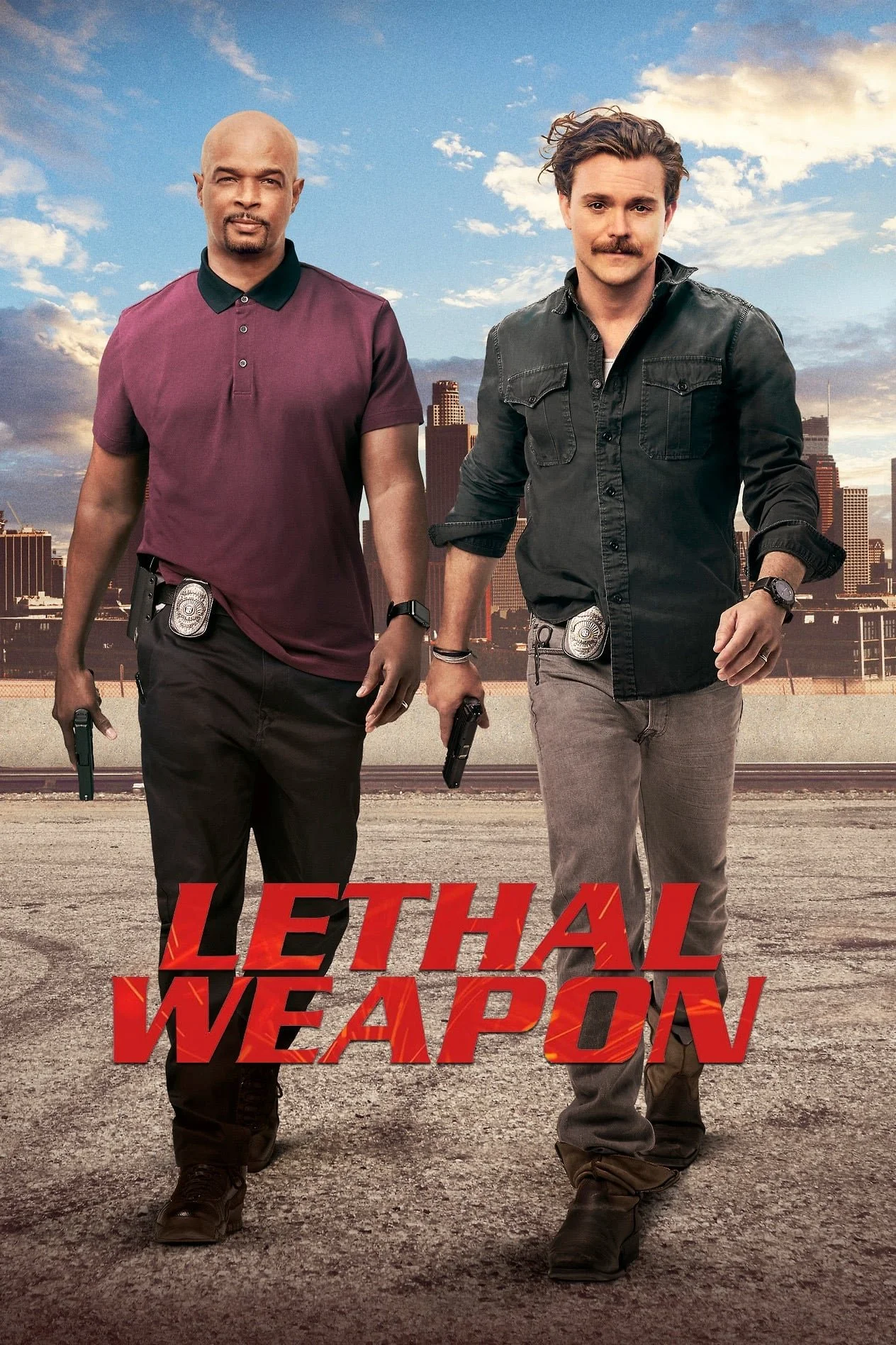 Two men standing with cityscape in the background, holding guns, with the title 'Lethal Weapon' in red letters.