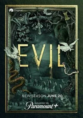 Promotional poster for the TV series 'Evil' showing a dark, forested scene with white birds, a snake, and fantasy elements, indicating a supernatural or horror theme.