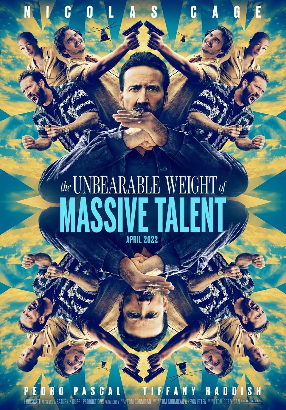 A colorful mirrored collage poster for the movie "The Unbearable Weight of Massive Talent" featuring Nicolas Cage and other actors, with a blue sky and clouds background, and the release date April 2022.