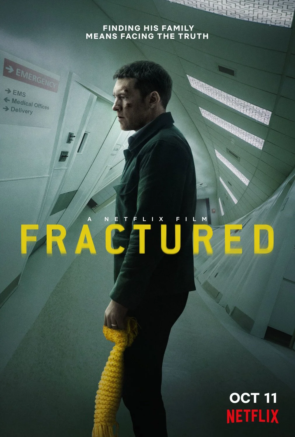 Poster for the Netflix film "Fractured" showing a man with a bruised face and holding a yellow crocheted object, standing in a hospital corridor.