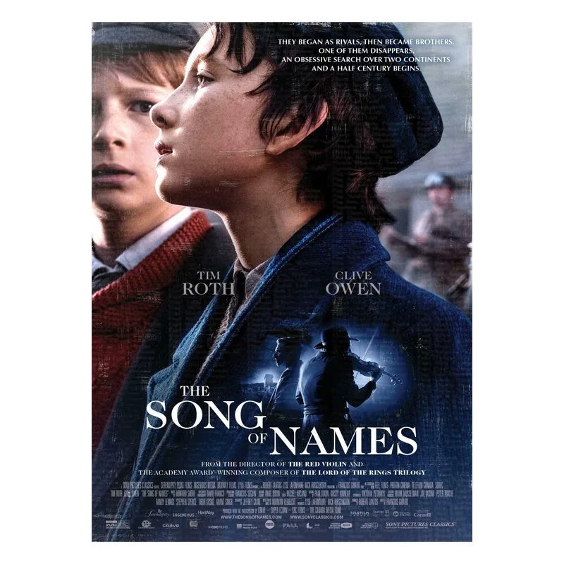 Poster of the movie 'The Song of Names' featuring two boys, one in profile and another looking directly, with a background scene of two soldiers playing violins illuminated in blue.
