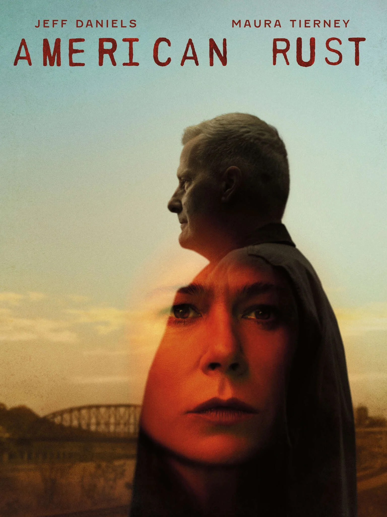 Movie poster for "American Rust" featuring a side profile of a man and a woman's face blended together, with a sunset landscape and a bridge in the background.