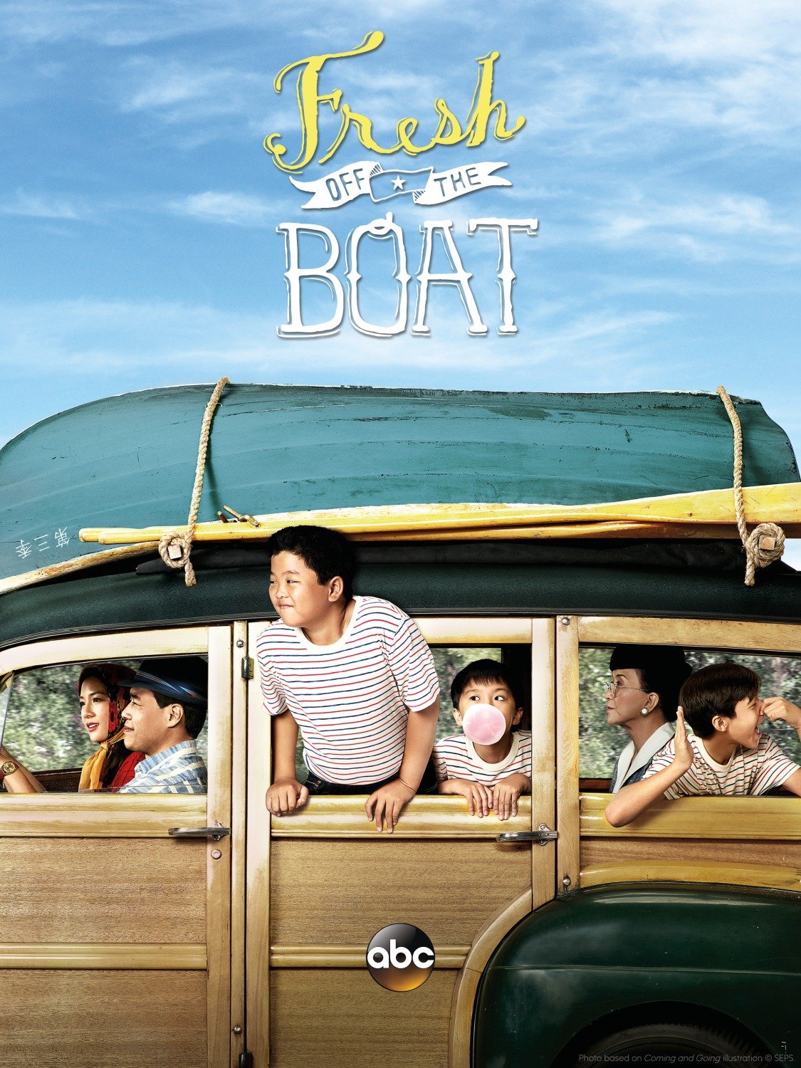 Poster for the show 'Fresh Off the Boat' featuring a family riding in a wooden boat under a blue sky with clouds.