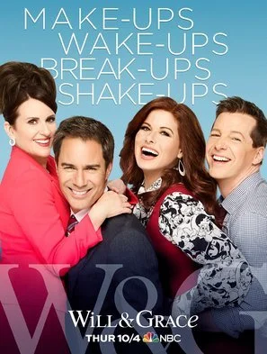 Four smiling people, two women and two men, posing together for a photo on a promotional poster for the TV show 'Will & Grace'.