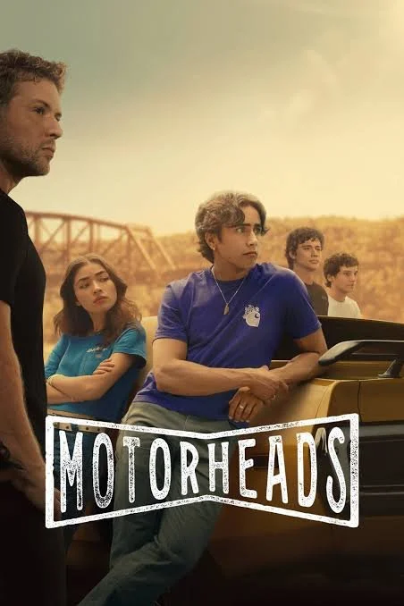 A promotional poster for the movie 'Motorsheads' featuring five young characters at sunset. They are positioned near a yellow car and a bridge is visible in the background.