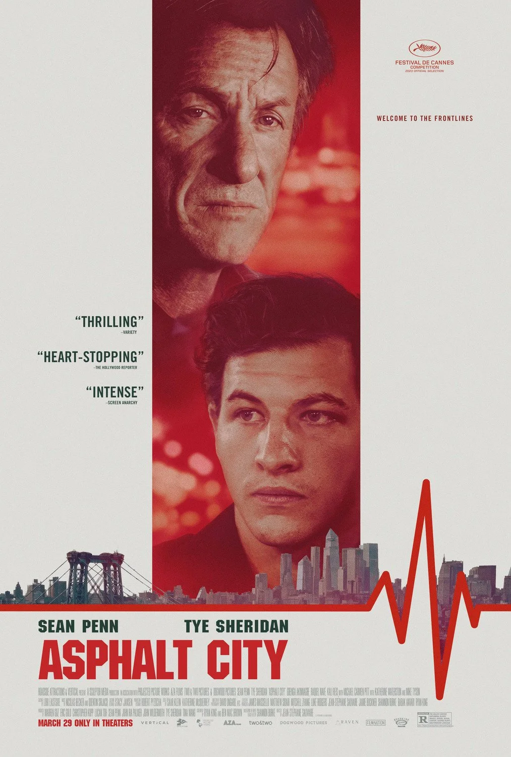 Movie poster featuring two men, one older with a serious expression and one younger with a contemplative look, with a city skyline and a red heartbeat line at the bottom. The title is 'Asphalt City' and it stars Sean Penn and Tye Sheridan.