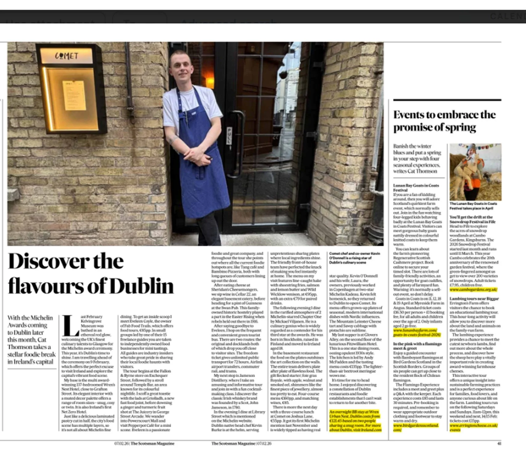 Scotsman Magazine article 6th February 2026 Two articles; Dublin and spring events