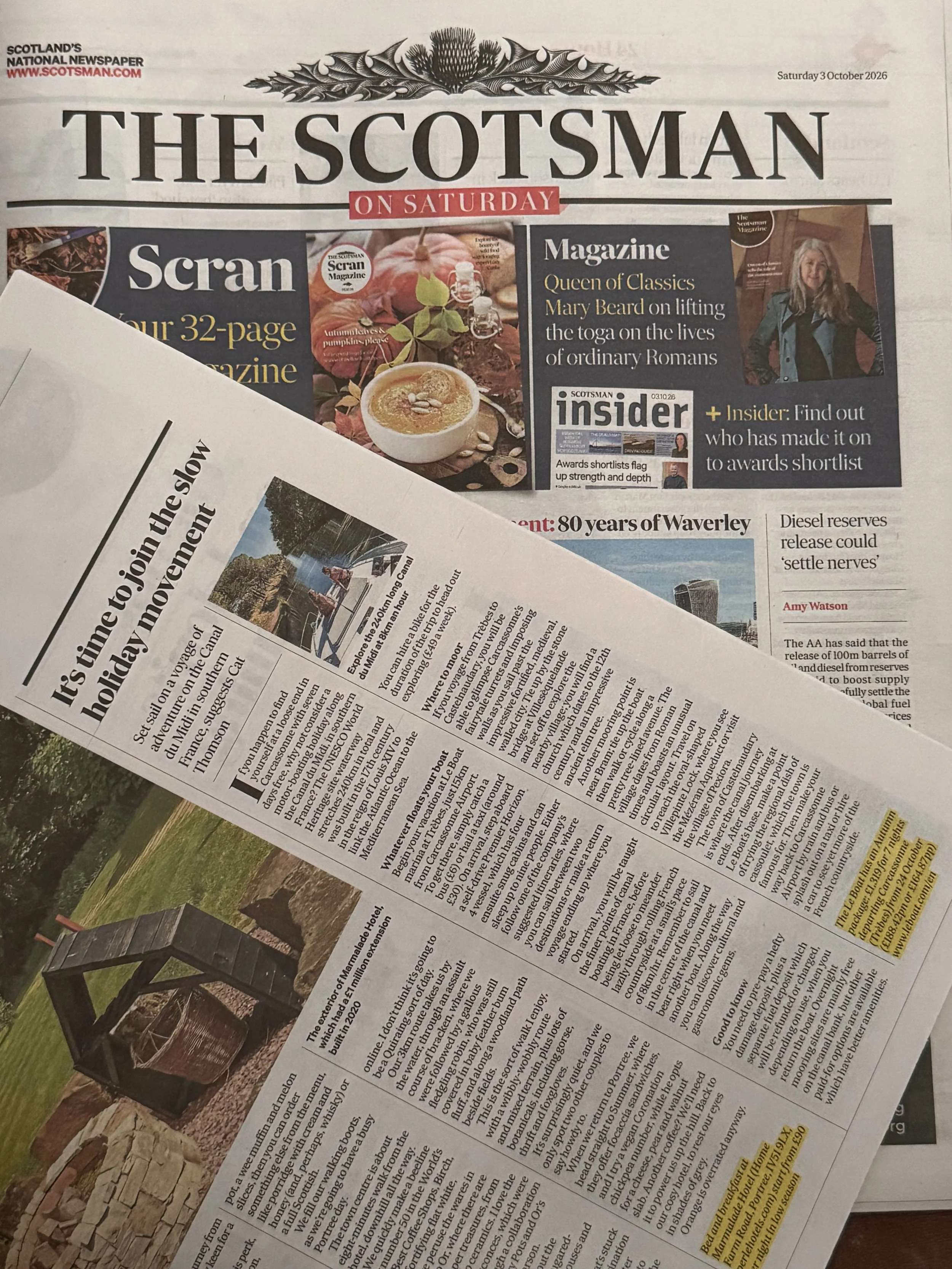 Scotsman Magazine 3rd October 2026 Le Boat Canal du Midi 