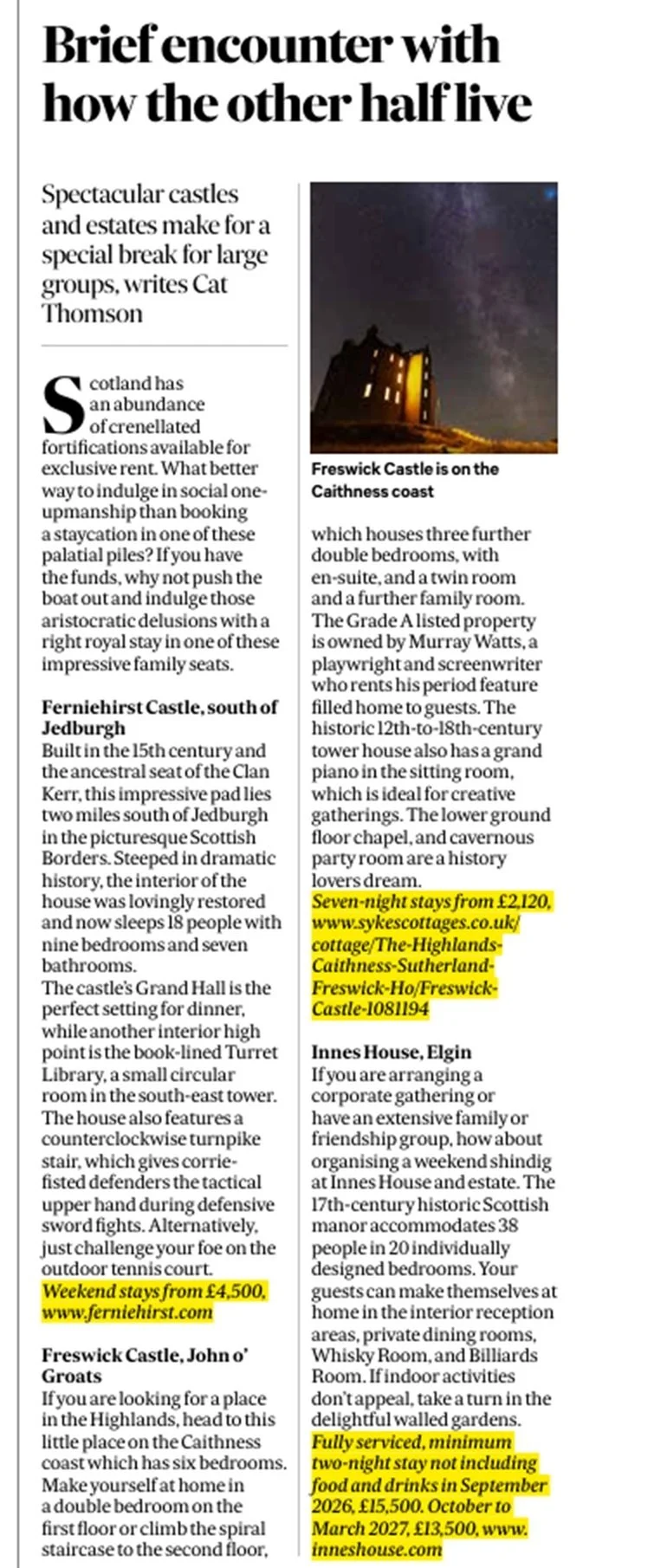 Scotsman Magazine Castle stays  Saturday 5th September 2026