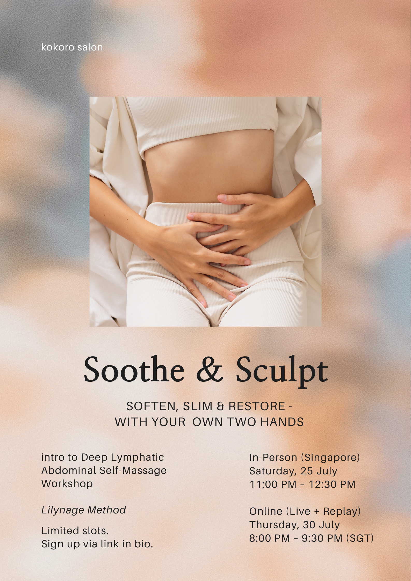 IN PERSON  25 JULY - Soothe & Sculpt: Intro to Abdominal Self-Massage Workshop