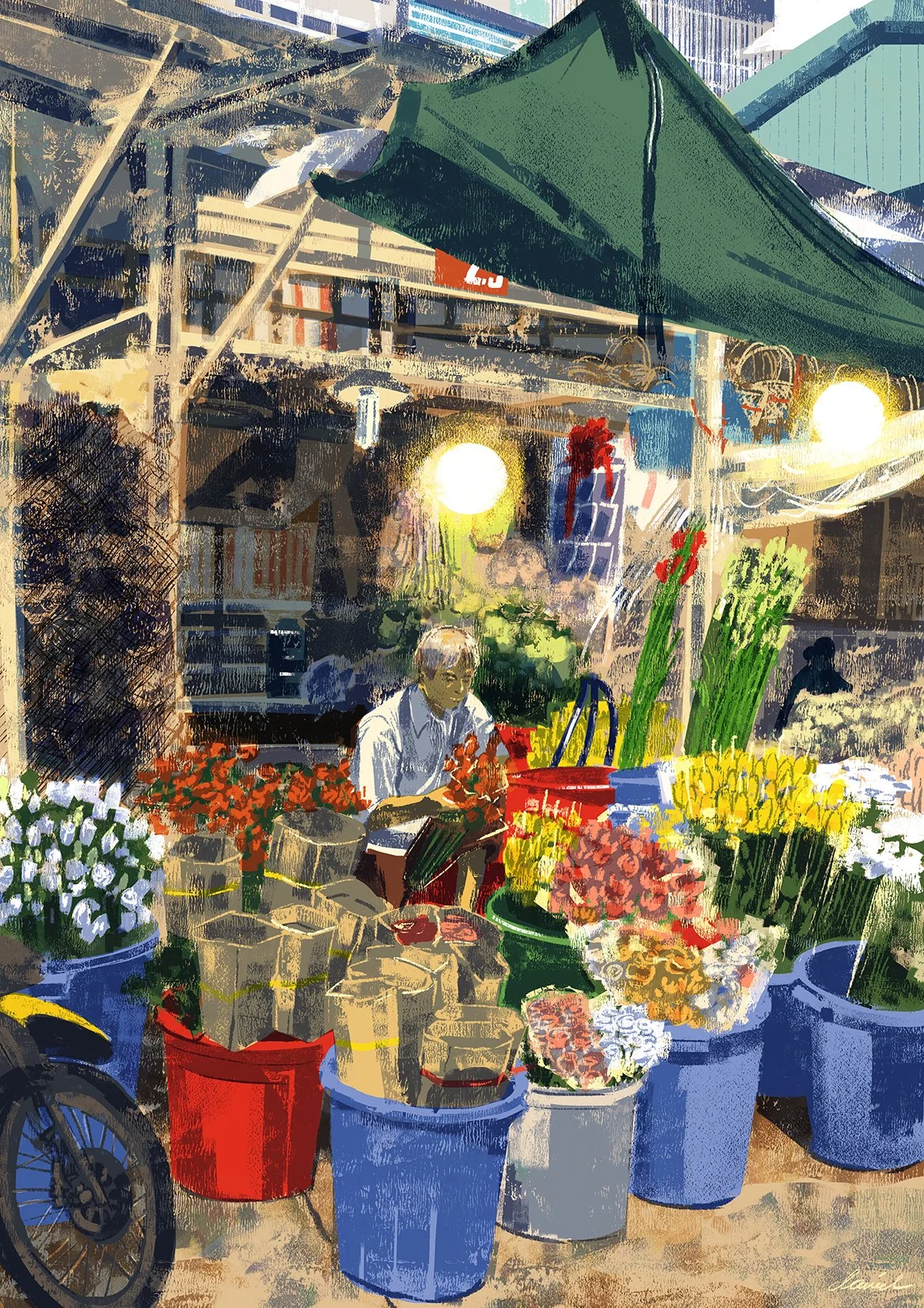 SGN041 Arranging flowers at a stall in Ho Thi Ky Flower Market at Chợ Hoa Hồ Thị Kỷ, District 10