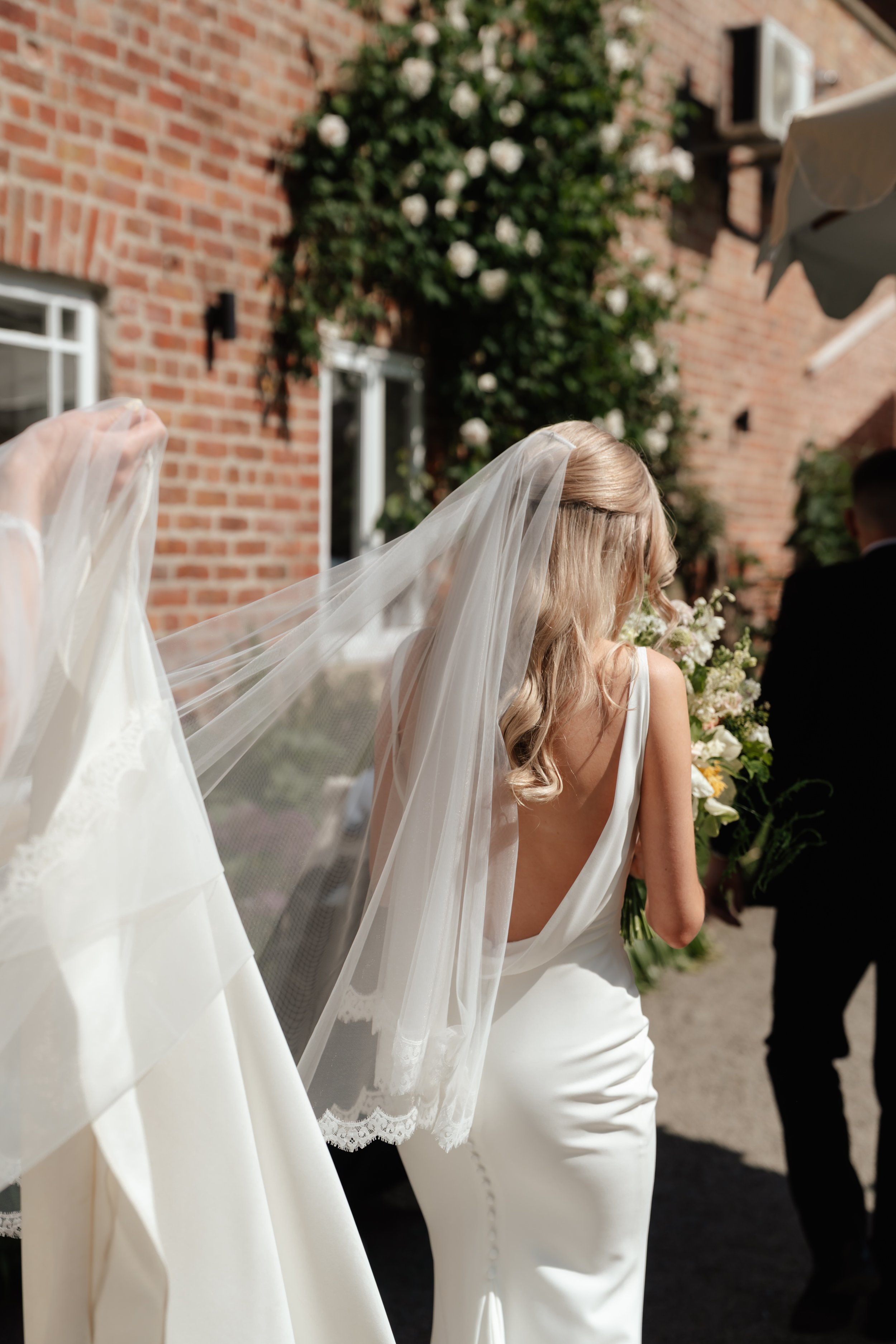 Bride in a white wedding dress at Garthmyl hall 