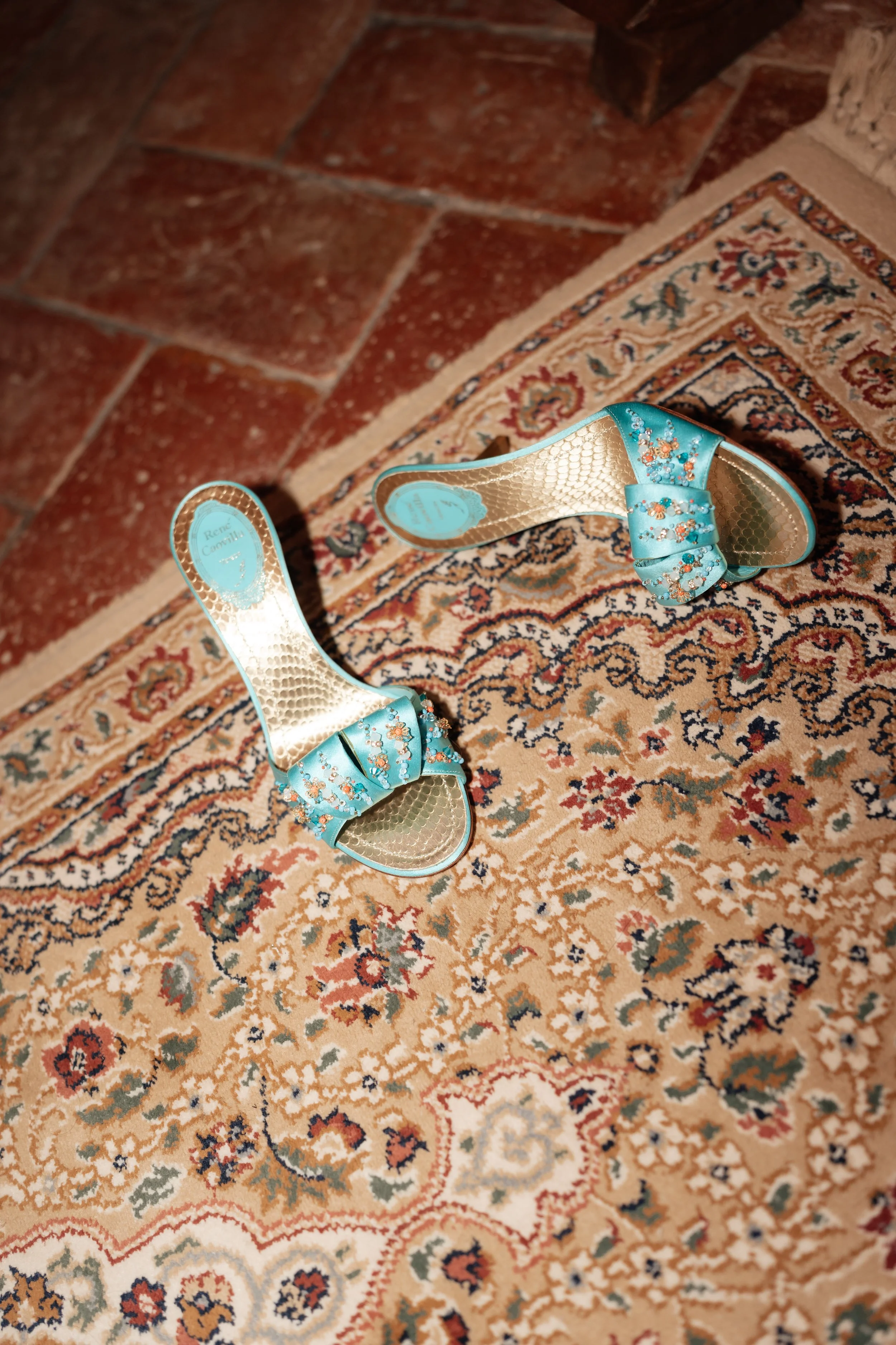 A pair of high-heeled shoes with turquoise bows and gold snake-skin texture lying on a patterned area rug.