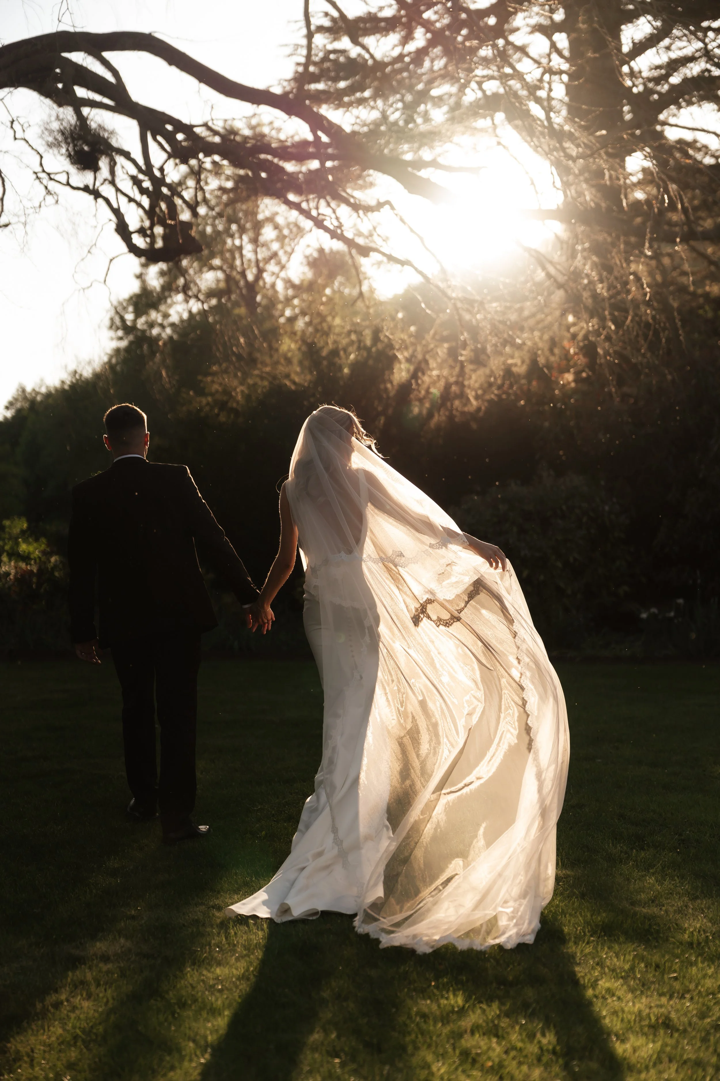 Bride and groom at sunset at Garthmyl Hall