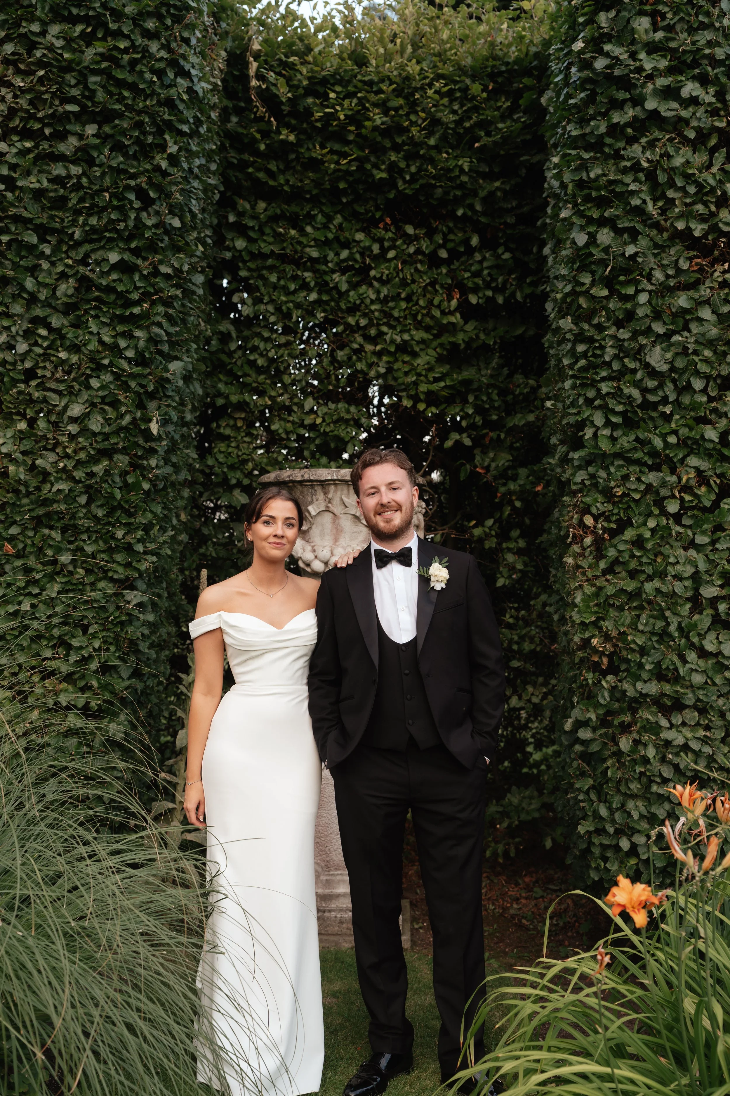Evening portraits of wedding couple at Goldsborough hall 