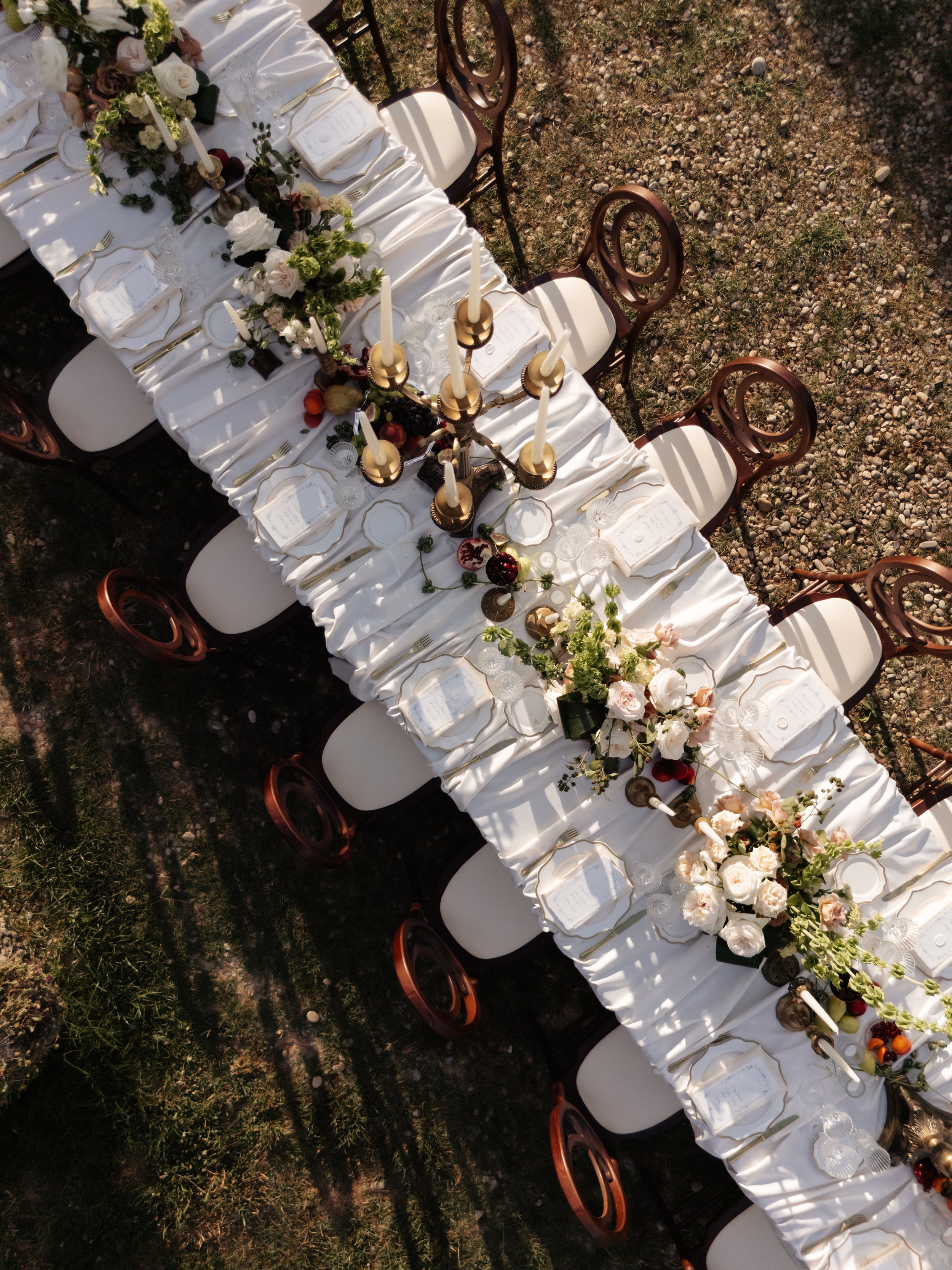 Wedding table setup at Villa Cozzano, Tuscany, captured by drone