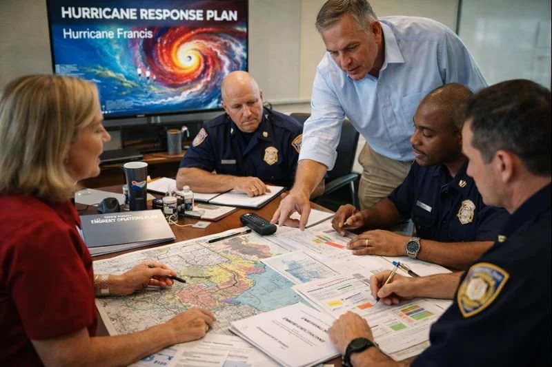 Emergency management professionals reviewing preparedness plans, response frameworks, and resilience strategies during a structured planning and coordination meeting.