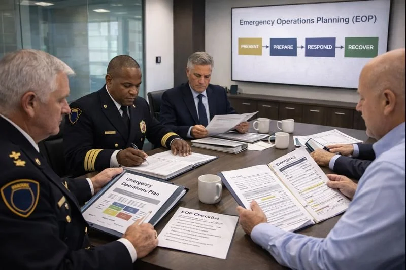 Senior fire and public safety leaders reviewing Emergency Operations Plan documents and preparedness frameworks during a structured executive planning meeting.