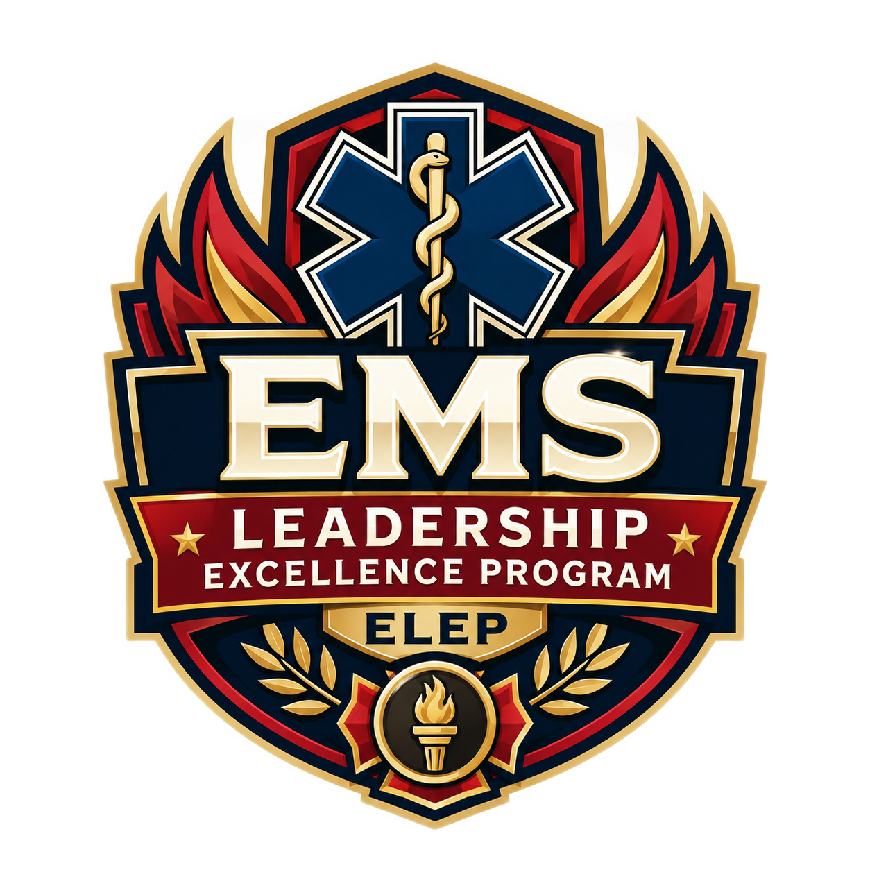 Badge for EMS Leadership Excellence Program, featuring a medical snake and staff symbol at the top, with fire and laurel details, and text stating "EMS LEADERSHIP EXCELLENCE PROGRAM" and "ELP."