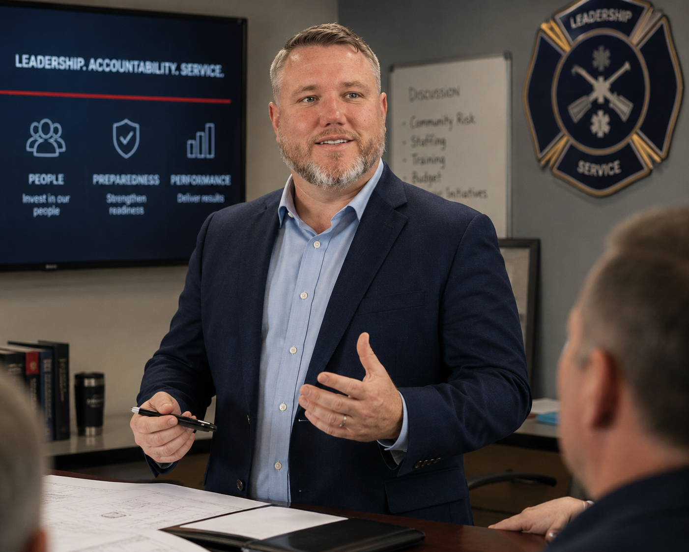 A man in a blue suit and light blue shirt giving a presentation in a meeting room with a large screen displaying leadership principles.