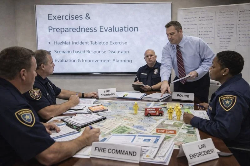 Public safety leaders participating in a tabletop exercise and preparedness evaluation, reviewing maps, scenario materials, and coordination roles during a facilitated planning session.