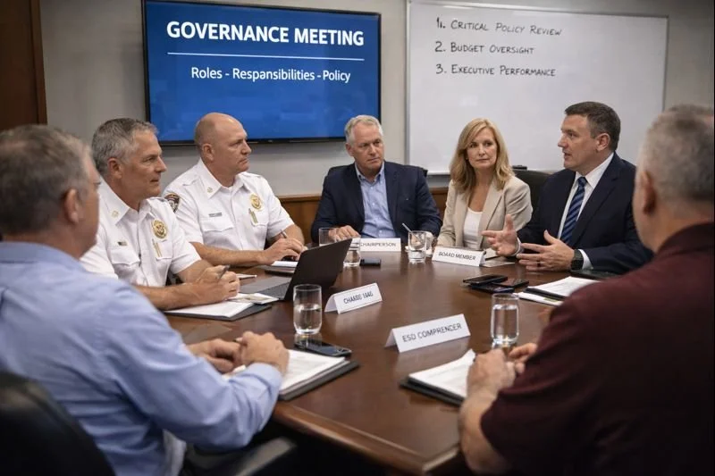 Public safety board members and executive leadership engaged in a governance meeting, discussing policy, roles, and organizational oversight in a conference room setting.