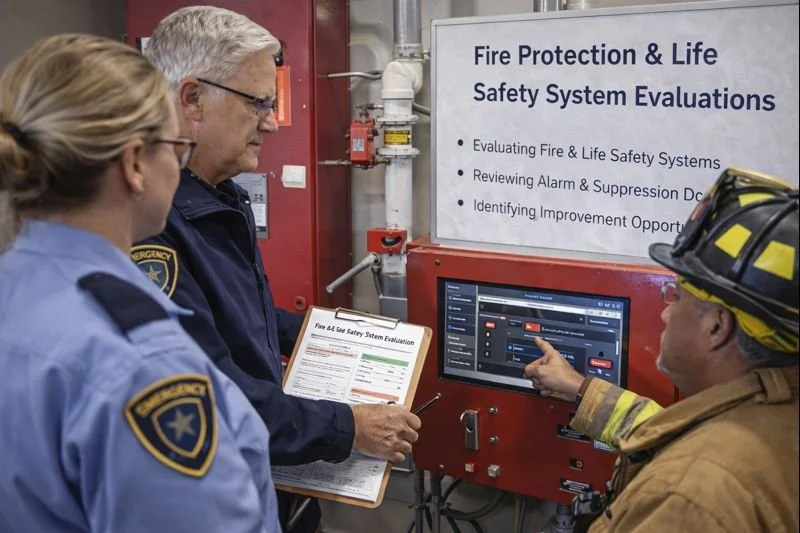 Public safety professionals evaluating fire protection and life safety systems, reviewing system documentation and control panel data during a structured technical assessment.