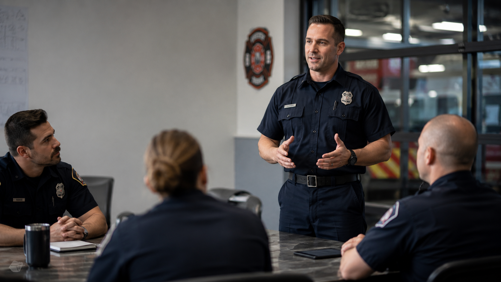A police officer is giving a presentation to a group of police officers sitting at a conference table in a police station.