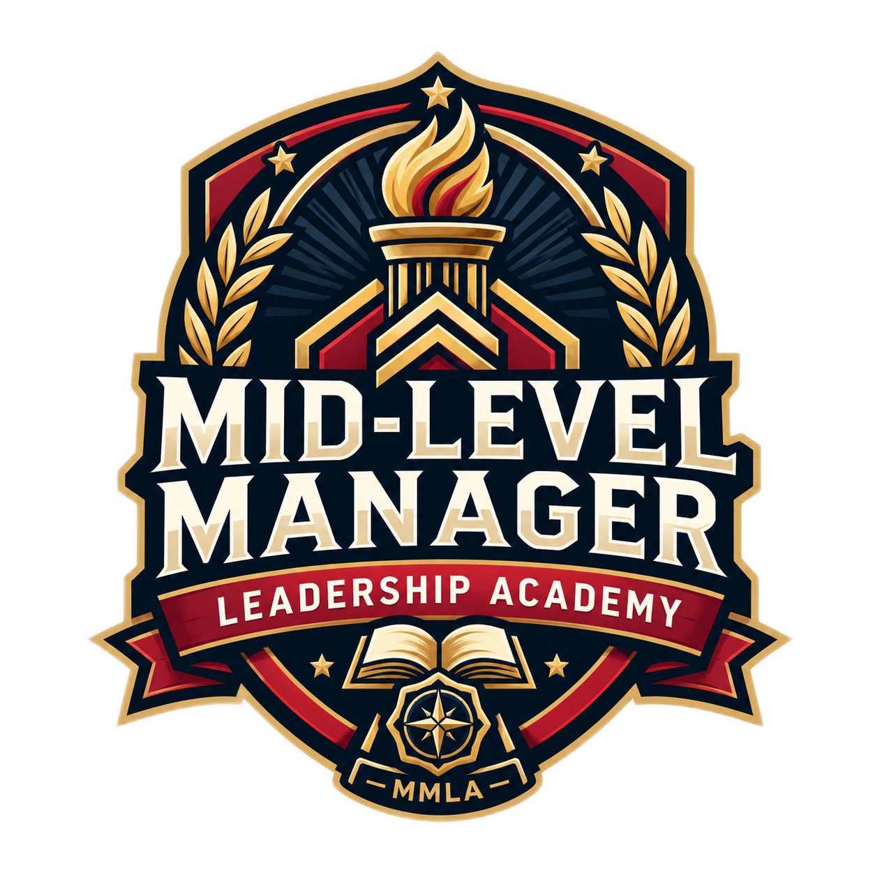 Badge for Mid-Level Manager Leadership Academy with a torch, book, and compass symbols.
