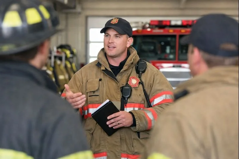 Newly promoted fire officer leading a station briefing with crew members inside a firehouse, holding a notepad and radio while discussing expectations and operational priorities.