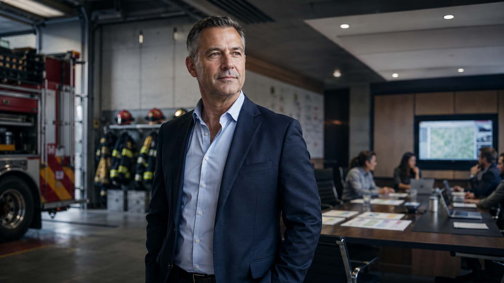 A middle-aged man in a navy suit and light blue shirt stands in a fire station conference room, with a fire truck and firefighting gear in the background, and other people sitting at a table with laptops.