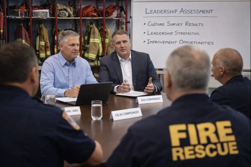 Consultants facilitating a leadership assessment discussion with fire service personnel, reviewing organizational culture survey results and leadership strengths in a collaborative setting.