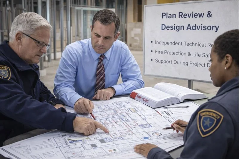 Public safety leaders and technical advisors reviewing architectural plans and fire protection design documents during an independent plan review and design advisory session.