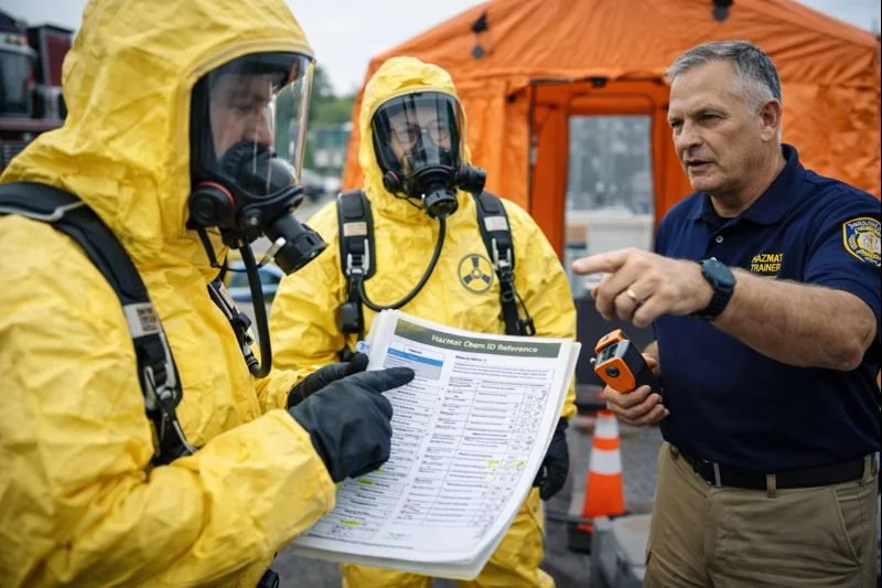 Hazardous materials instructors and responders participating in a preparedness training session, reviewing chemical hazard references and safety procedures during a structured learning exercise.