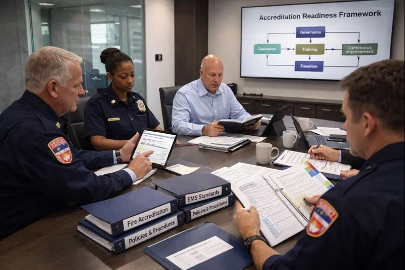 Senior fire and EMS leaders reviewing accreditation standards, compliance documentation, and evaluation readiness materials during a structured executive-level planning meeting.