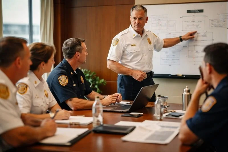 Senior public safety leaders engaged in a structured leadership and governance discussion focused on strategy, accountability, and organizational oversight.