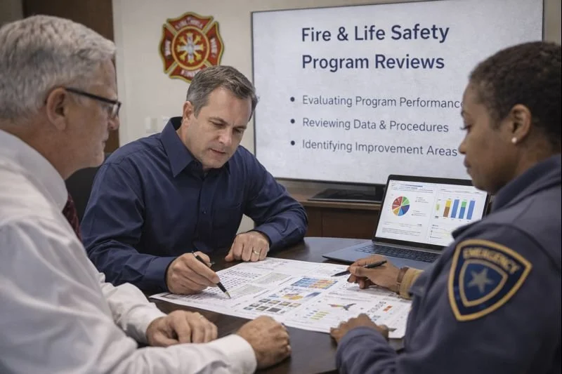 Public safety leaders conducting a fire and life safety program review, analyzing performance data, policies, and training metrics during a structured advisory meeting.