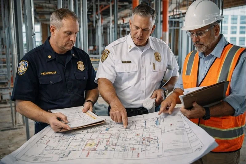 Fire and life safety professionals conducting an advisory review, discussing risk considerations and safety strategies in a professional consultation setting.